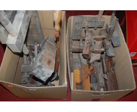 Two boxes of miscellaneous tools, to include G cramps, moulding planes, block plane etc