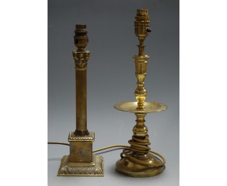 A modern brass table lamp, having fluted column and Corinthian capital on stepped square base, h.43cm; together with one othe