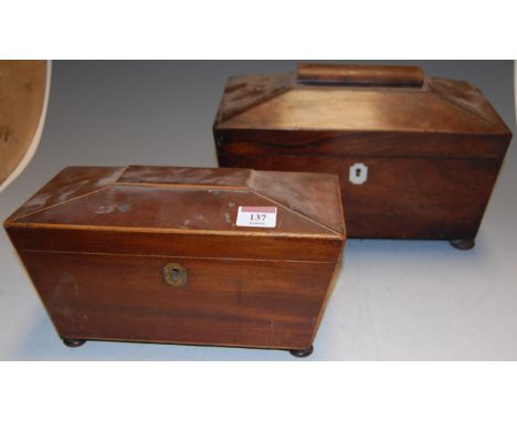 An early Victorian rosewood tea caddy, of sarcophagus form; together with a late George III mahogany tea caddy (2)