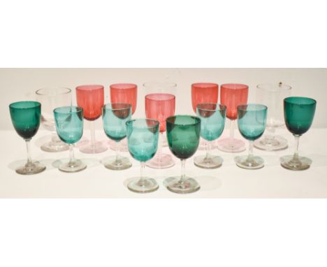 Three Georgian clear glass rummers, and a collection of coloured glasses including five cranberry examples (16).Additional In