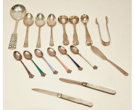 A set of six Norwegian sterling silver and enamelled teaspoons with pierced detail to the handles, a Norwegian 830 grade spoo