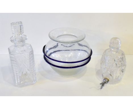 WATERFORD; a cut class decanter of shaped square form, an Art Glass vase of bulbus form with trailed detail, height 17cm, and