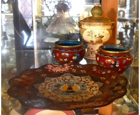 A Japanese cloisonné charger of circular form with wavy edge, the central decoration with a bird flanked by further birds and