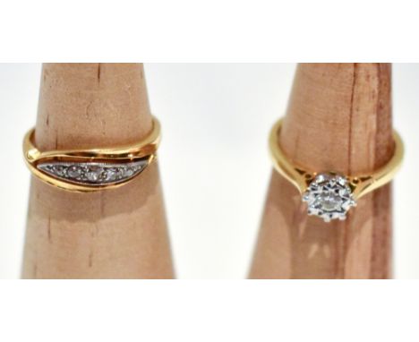 An 18ct yellow gold illusion set dress ring set with central diamond, size L 1/2, and a further 18ct yellow gold dress ring s