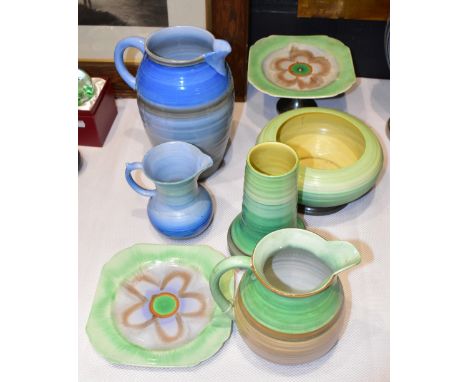 SHELLEY; seven pieces decorated in the 'Harmony' pattern comprising cake stand, large jug, height 25cm, tapering vase, etc (7