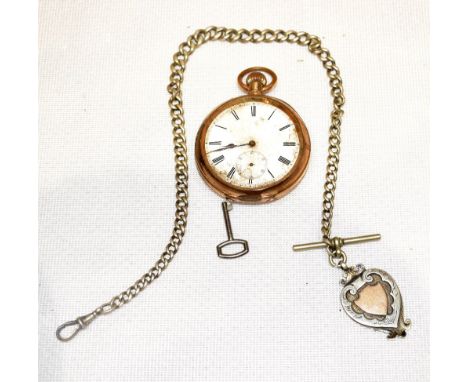 An gold plated crown wind open face pocket watch, the enamel dial set with Roman numerals, diameter 50mm, and a hallmarked si