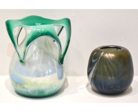 Two contemporary Art Glass vases including an example with snapped pontil mark with encased linear decoration, height 12.5cm 