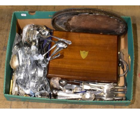 A collection of assorted silver plate including a galleried tray, various flatware, part service, etc.