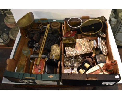 Two boxes of assorted collectors' items including a National Provincial Bank with key, an unusual brass tube coin holder, pri