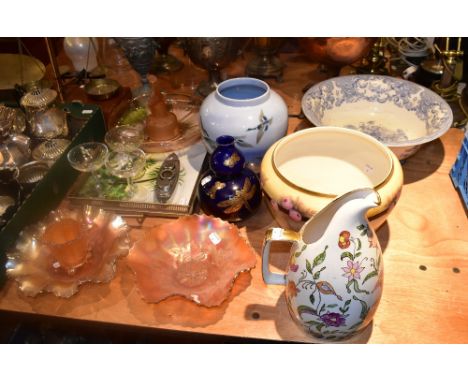 A mixed lot of assorted ceramics and glassware including a blue and white footed bowl by Spode, diameter 36cm, a Falcon ware 