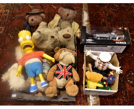 A collection of vintage bears and toys including a model Bart Simpson, a Pelham Puppet, a boxed series tank, etc.