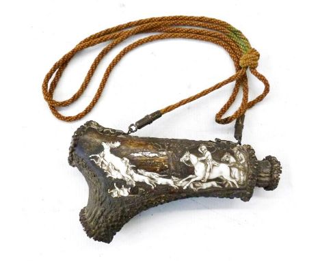 19th century antler horn powder flask, possibly German,&nbsp;carved hunting scene of hounds chasing a stag, with riders follo