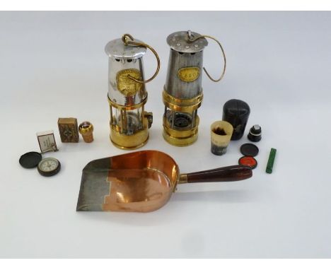 Two miners lamps, a quantity of assorted keys, a pocket compass, a horn glass engraved 'Mer de Glace' in leather fitted case 
