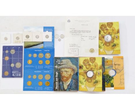 Three silver proof 5 Euros&nbsp;from the Dutch mint to commemorative Vincent Van Gogh, together with (5) Dutch 10cent coins (
