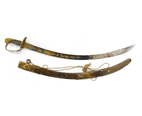 1803 pattern officer's sabre with ornate gilt engraved blued blade, pierced brass hand guard and shagreen grip, with GR monog