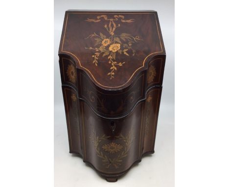 A 19th Century inlaid mahogany serpentine slope fronted knife box, fitted interior the body with floral decoration together w