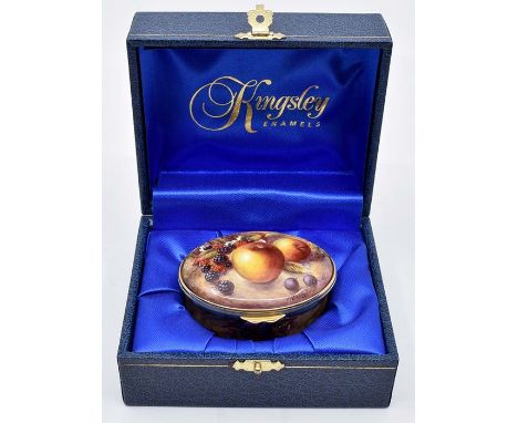 A Kingsley enamel Autumn fruit box and cover gilt metal mounts freehand painted by Nigel Creed.Condition: No signs of damage.