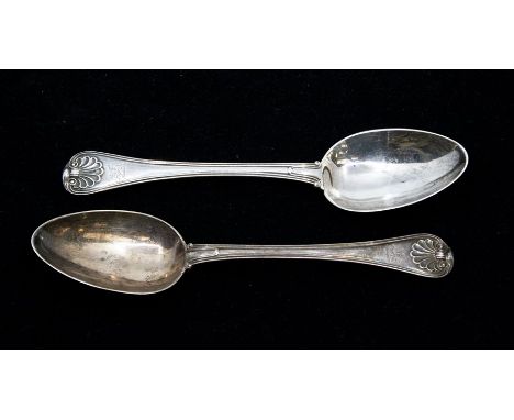 Paul Storr: A pair of George III Old English, thread and shell table spoons, each engraved with a crest, by Paul Storr, Londo