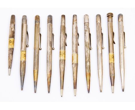 A collection of 10 silver engine turned propelling pencils mainly Fyne Poynt, some stamped Sterling Silver togther with two b
