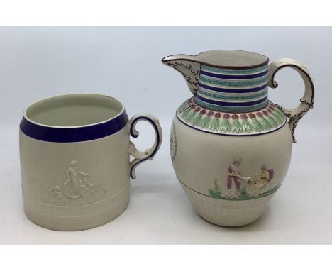 A 19th Century salt glazed pitcher jug, moulded decorative plaques to body depicting the Muses, the top section painted with 