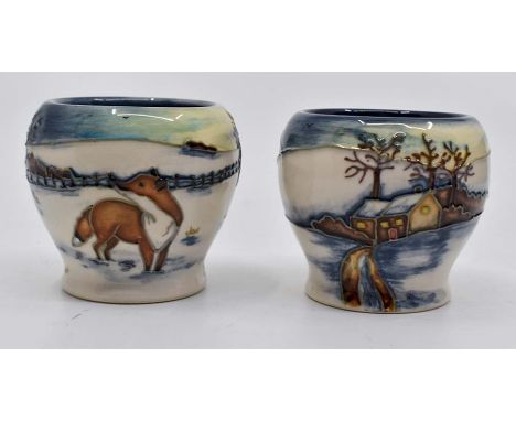 Moorcroft: 2 Moorcroft 'Woodside Farm' egg cups by Anji Davenport, both marked Trial. Height approx 5cm. Marks to the bases. 
