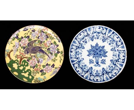 A Mason's Ironstone charger with Chinoiserie decoration pattern no: C1760 and Registration no: 652974, the yellow ground deco