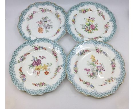 A set of six 19th Century M &amp; B Felspar (Spode) porcelain dessert plates pattern no: 3902, wavy rims with scaled green bo