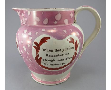 An early nineteenth century transfer-printed Sunderland lustre jug, c.1830-40. It is decorated in enamel lustre decoration an