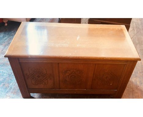  ****** ITEM LOCATION BISHTON HALL**********A 20th century light oak three panel coffer, in a 17th Century manner, rectangula