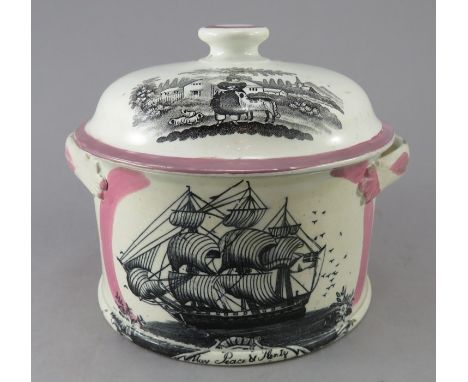 An early nineteenth century transfer-printed black and white Sunderland lustre two-handled butter tub and cover, c.1820-30. T