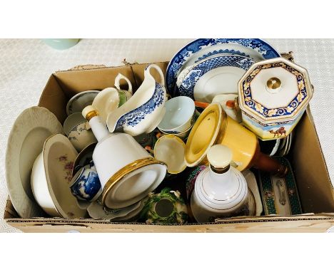  ****** ITEM LOCATION BISHTON HALL**********Quantity of ceramics, including porcelain decanters, blue and white plates, gravy