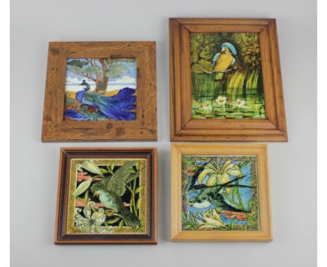 Two similar framed tiles of birds amongst lilies, possibly Minton, largest 15.5cm by 15.5cm, and a framed Craven Dunnill &amp