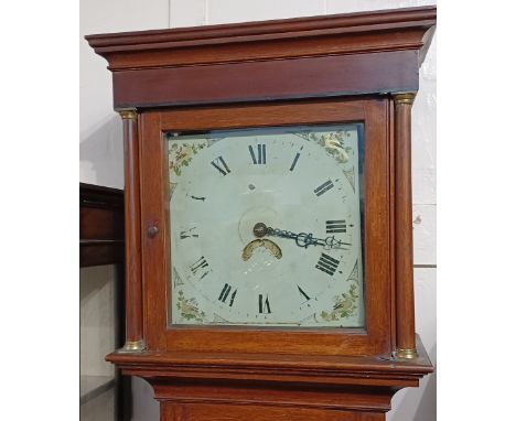 An oak longcase clock the square painted dial with Roman numerals and subsidary date aperture, in plain hood with column supp