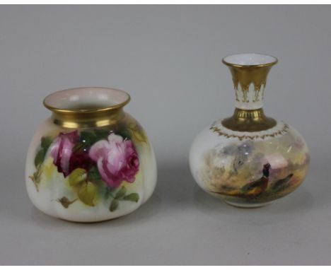 A small Royal Worcester squat porcelain vase decorated with pheasant signed Jas. Stinton, with gilt embellishments, shape num