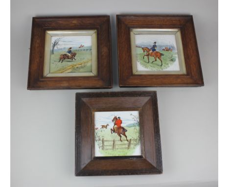 Three framed Minton's tiles decorated with hunting scenes; 'A Good Pilot', 'Left Behind' and 'Master's Luncheon', 15.5cm by 1