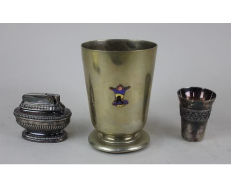 A plated Butlins tankard with enamel badge for Skegness Butlins Camp 1939, a Russian silver plated shot / vodka cup, and a Ro