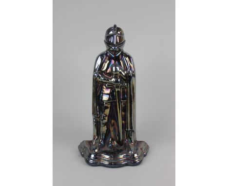 A novelty metal knight in armour fireside tools stand with brush, shovel and tongs 36cm high