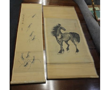 Manner of Qi Bashi, a Chinese scroll decorated with shrimp, picture area 105cm by 29.5cm, together with a Chinese scroll deco