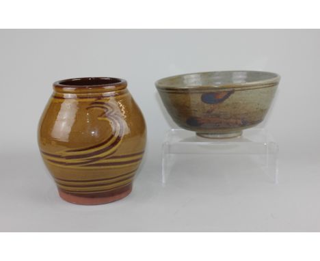 A glazed studio pottery bowl possibly by David Leach, decorated with a repeat 'Z' pattern, the base stamped 'England' 23cm di