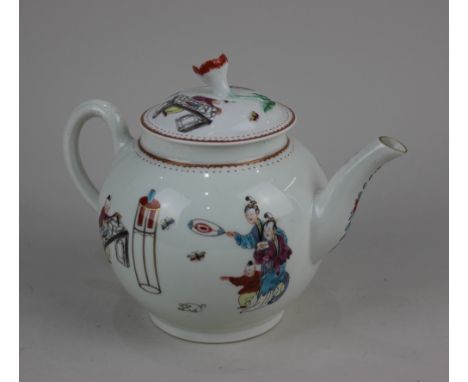 An 18th century Worcester porcelain globular teapot decorated with Chinese figures, unmarked, 15cm high Provenance: From a lo