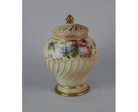 A Royal Worcester blush ivory porcelain pot pourri with part moulded baluster form, inner lid and reticulated cover, decorate