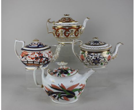 Four 19th century ceramic teapots to include a New Hall teapot, pattern 1085, decorated with pine cones and flowers, with gil