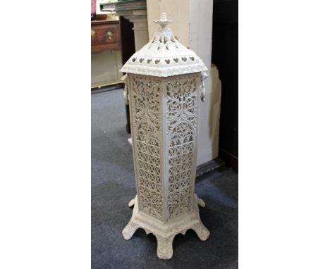A white painted metal brazier / stick stand hexagonal pierced form with two handles and cover, 8cm high