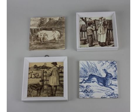 A framed Minton's sepia printed tile designed by William Wise decorated with a woman and two children with rabbits 15cm by 15