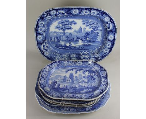 A collection of seven 19th century blue and white transfer printed serving platters, to include Wood &amp; Sons Windsor Castl