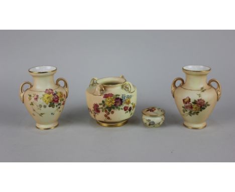 A pair of small Royal Worcester blush ivory porcelain two-handled vases, decorated with flowers and gilt embellishments, 10.5