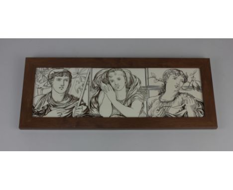 A framed set of three Minton Hollins &amp; Co portrait tiles monochrome printed with classical figures each approx 14.5cm by 
