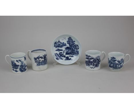 A Worcester porcelain 'Man in the Pavilion' pattern blue and white tea cup and saucer, together with three 18th century porce