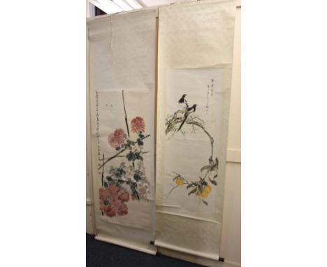 Manner of Qi Ling-Shi, a Chinese scroll depicting chrysanthemum and bees, picture area 135cm by 59cm, and another in the mann