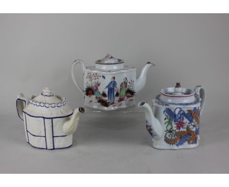 Two late 18th / early 19th century New Hall porcelain silver shape teapots; one decorated with boy and butterfly pattern 421,